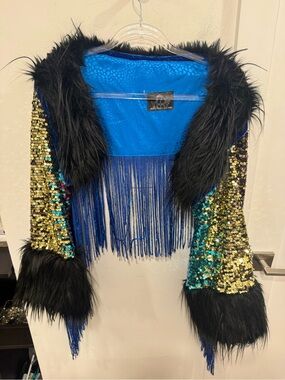 Young Hearts Run Free Sequin Fringe Bolero Jacket in Teal, Gold & Black